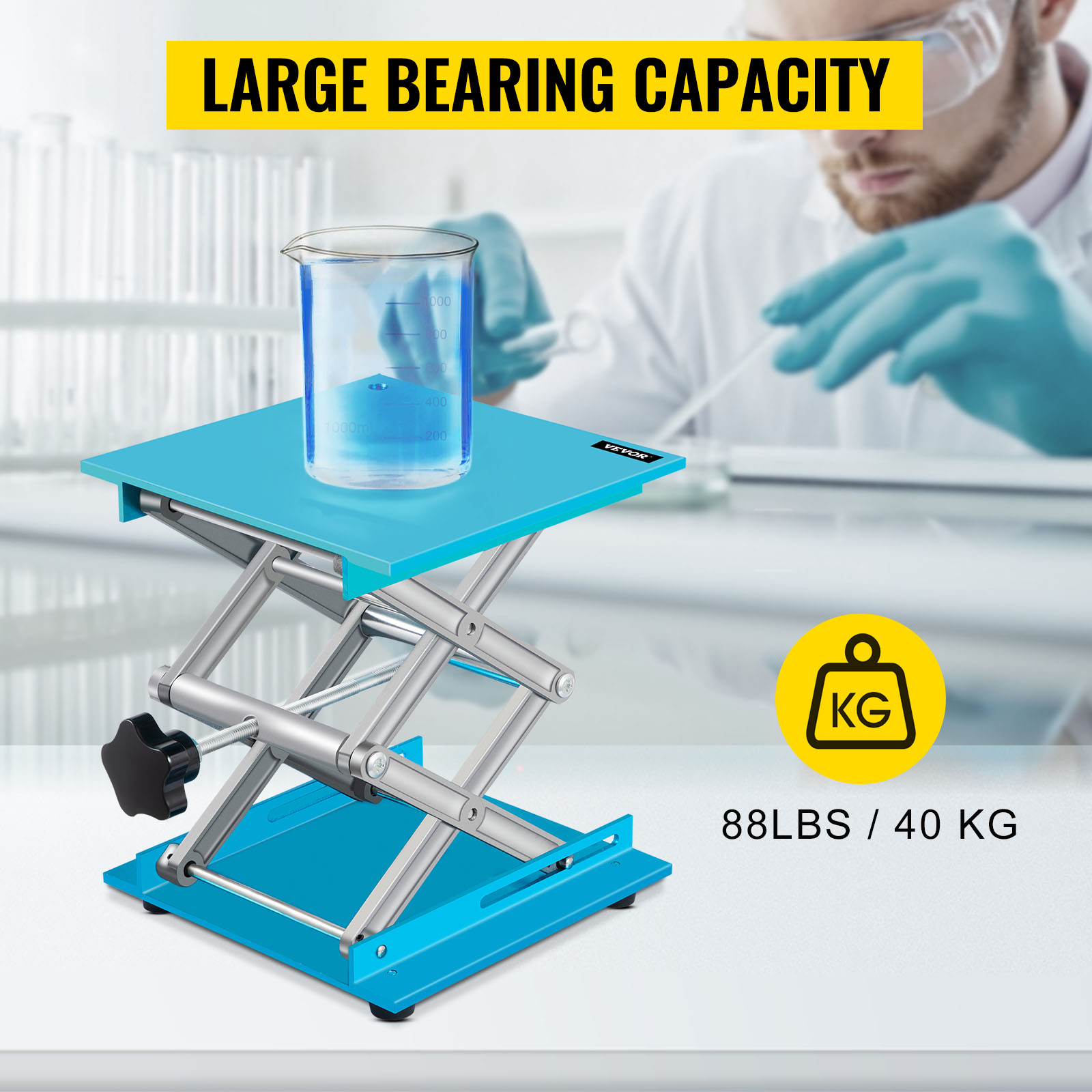 VEVOR lab jack stand supporting a beaker, capable of holding 88lbs/40kg in the lab.