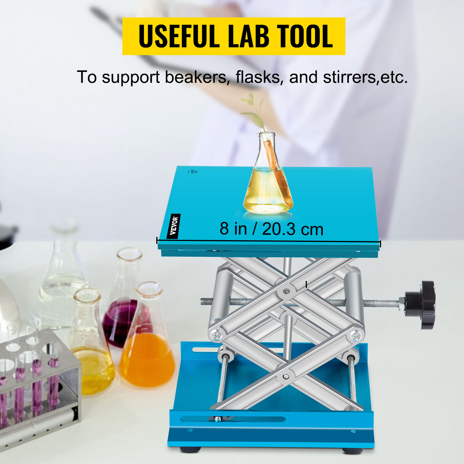 VEVOR lab jack stand supporting a beaker with a yellow liquid in a lab setting.