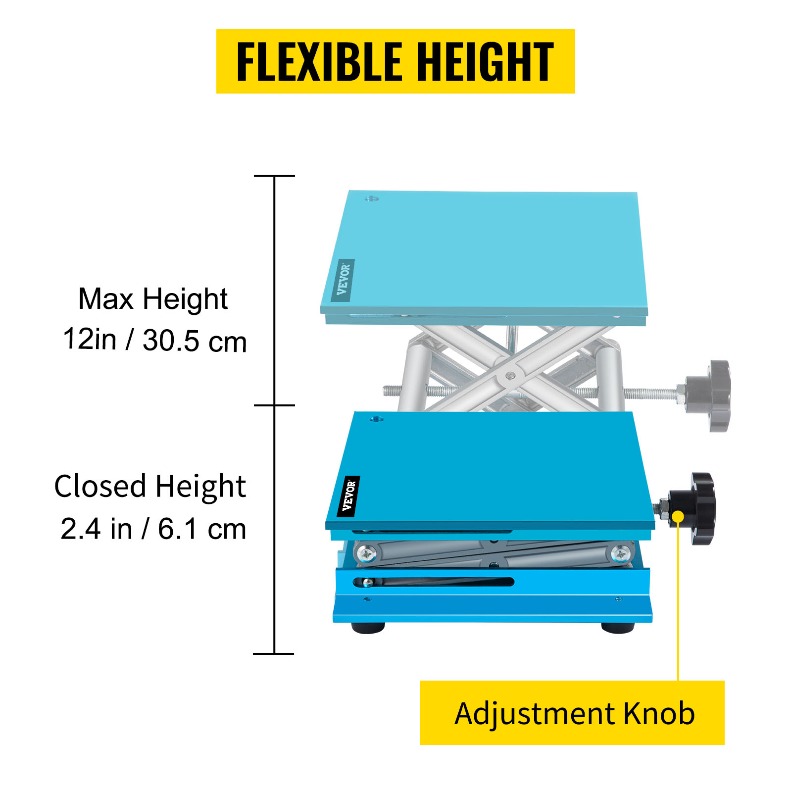 VEVOR lab jack stand with adjustable height, 2.4in to 12in, featuring adjustment knob.
