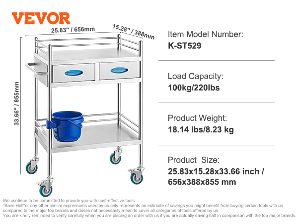 VEVOR lab serving cart with two drawers, blue handles, and bottom shelf; dimensions: 25.83"x15.28"x33.66".