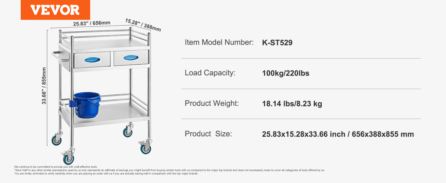 VEVOR lab serving cart with two drawers, blue handles, and bottom shelf; dimensions: 25.83"x15.28"x33.66".