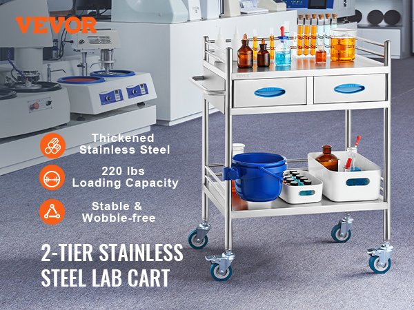 VEVOR lab serving cart in a lab with equipment, featuring a 2-tier stainless steel design and storage drawers.