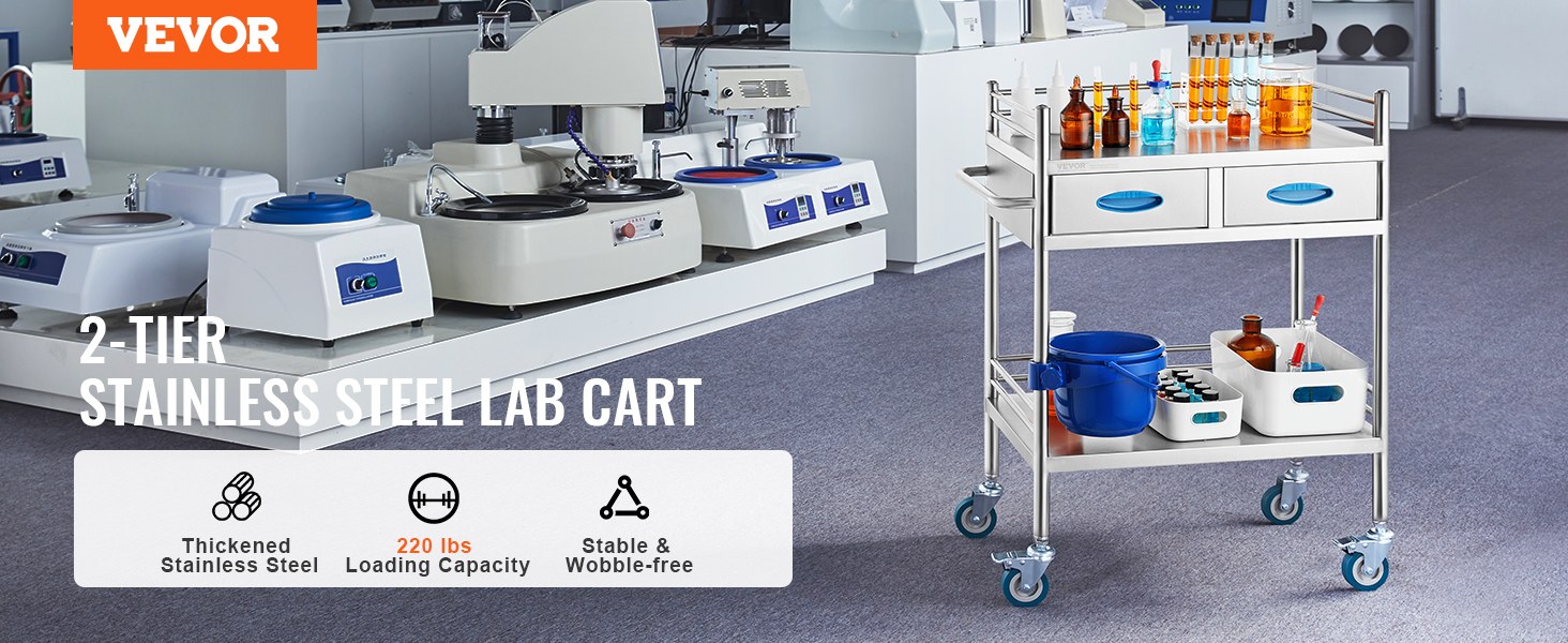 VEVOR lab serving cart in a lab with equipment, featuring a 2-tier stainless steel design and storage drawers.