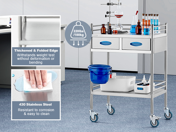 VEVOR lab serving cart in a laboratory with chemical bottles, durable 430 stainless steel, supports 220lbs.