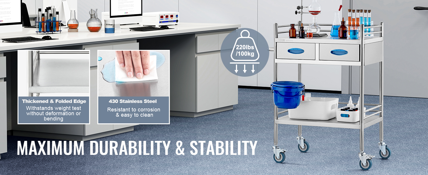 VEVOR lab serving cart in a laboratory with chemical bottles, durable 430 stainless steel, supports 220lbs.