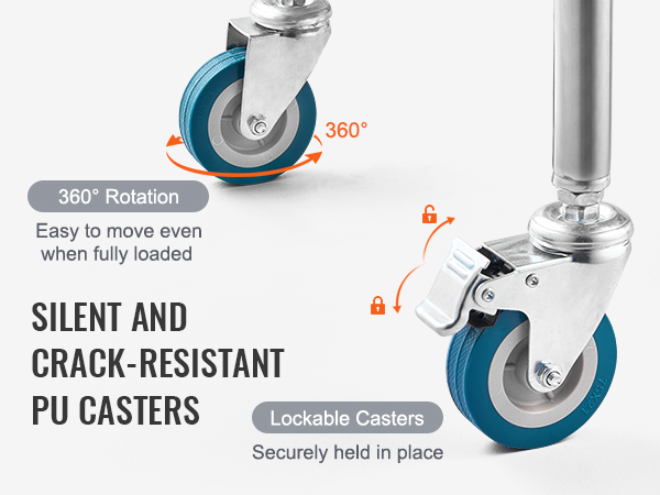 silent and crack-resistant pu casters on a VEVOR lab serving cart, featuring 360° lockable wheels.