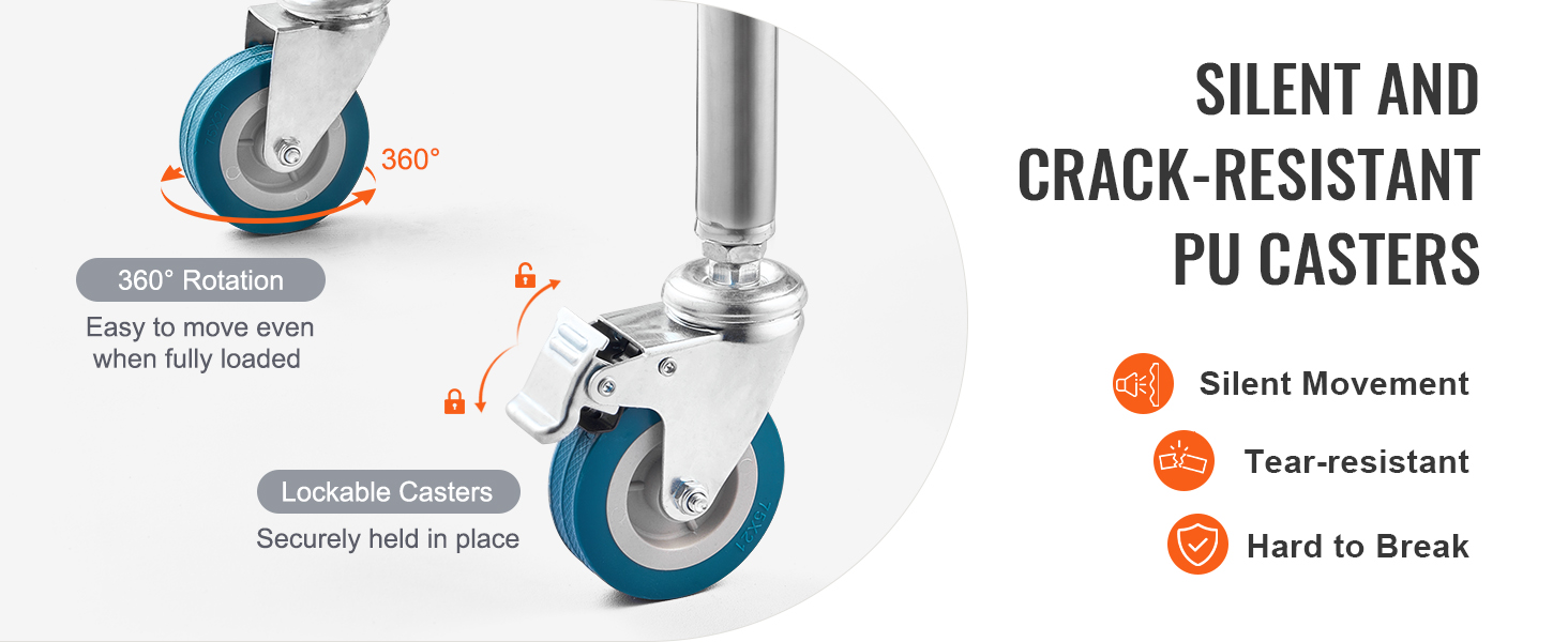 silent and crack-resistant pu casters on a VEVOR lab serving cart, featuring 360° lockable wheels.