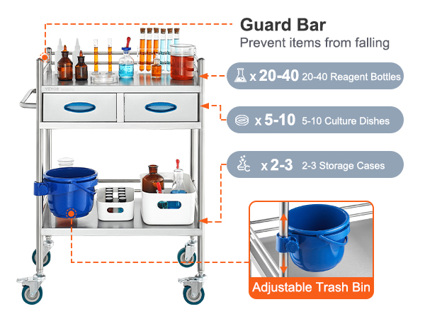 VEVOR lab serving cart with guard bar, 20-40 reagent bottles, 5-10 culture dishes, 2-3 storage cases.