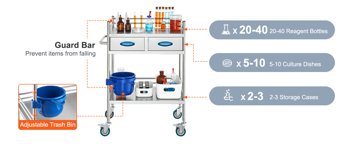 VEVOR lab serving cart with guard bar, 20-40 reagent bottles, 5-10 culture dishes, 2-3 storage cases.