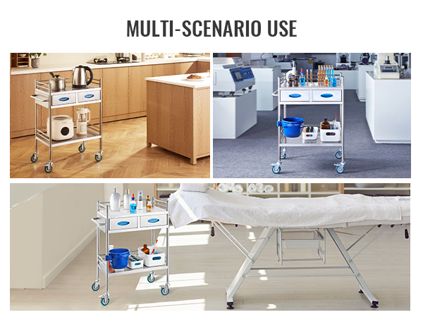 VEVOR lab serving cart in various settings, showcasing its utility in labs, kitchens, and clinics.