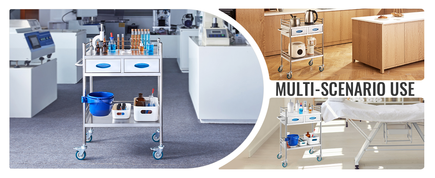 VEVOR lab serving cart in various settings, showcasing its utility in labs, kitchens, and clinics.