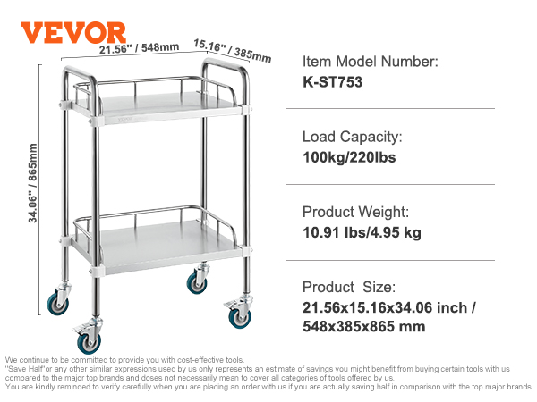 VEVOR laboratorijas ratiņi ar diviem plauktiem, 100 kg/220 kg ietilpība, k-st753 modelis, 34,06 "x21,56 "x15,16".