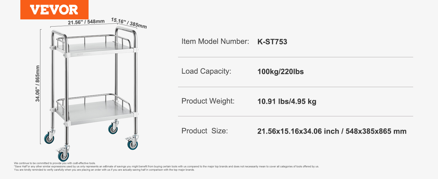 VEVOR laboratorijas ratiņi ar diviem plauktiem, 100 kg/220 kg ietilpība, k-st753 modelis, 34,06 "x21,56 "x15,16".