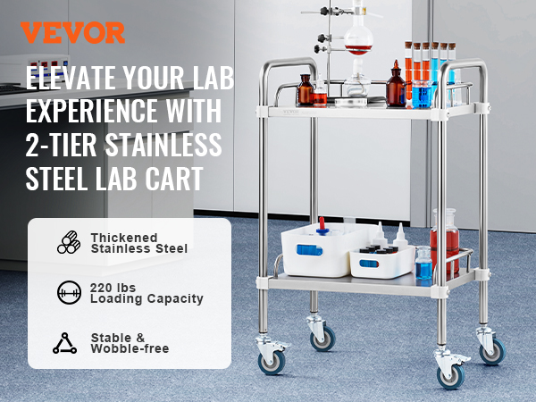VEVOR laboratorijas ritošais ratiņš ar diviem līmeņiem, nerūsējošais tērauds, laboratorijas aprīkojuma un pudeļu turētājs.