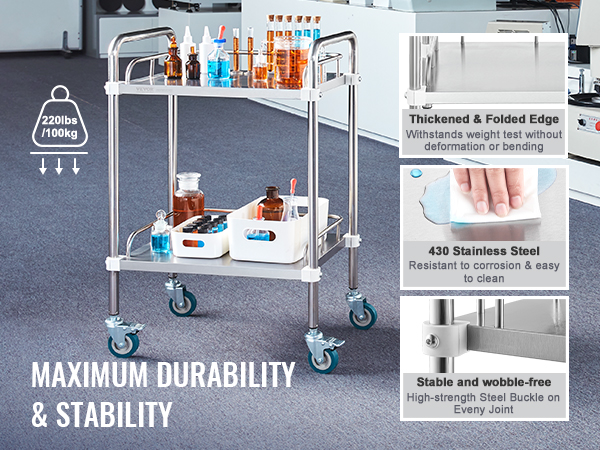VEVOR laboratorijas ritošais ratiņš ar vairākām ķīmisko vielu pudelēm, izturīgu nerūsējošā tērauda konstrukciju, 4 riteņiem un 100 kg svara ietilpību.