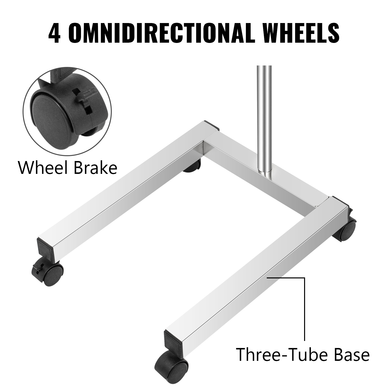VEVOR lab cart with 4 omnidirectional wheels and three-tube base featuring wheel brakes.