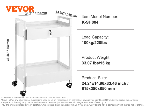 VEVOR lab cart with two shelves, lockable drawer, 33 lbs weight, 220 lbs capacity, 24.21x14.96x33.46 inches.