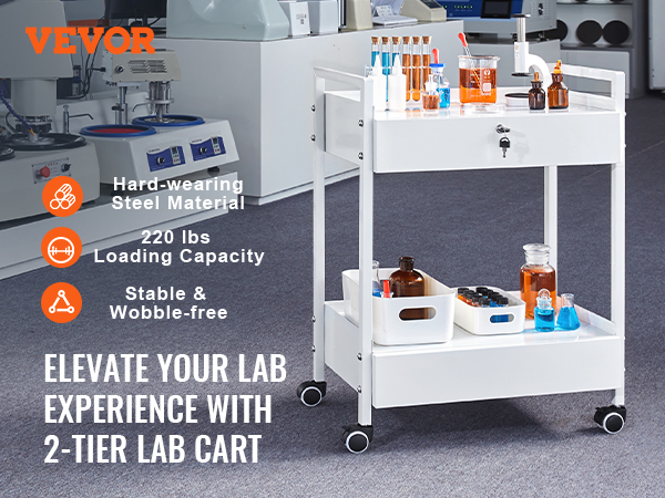 VEVOR lab cart in a laboratory setting with equipment and chemicals, highlighting its 2-tier design.