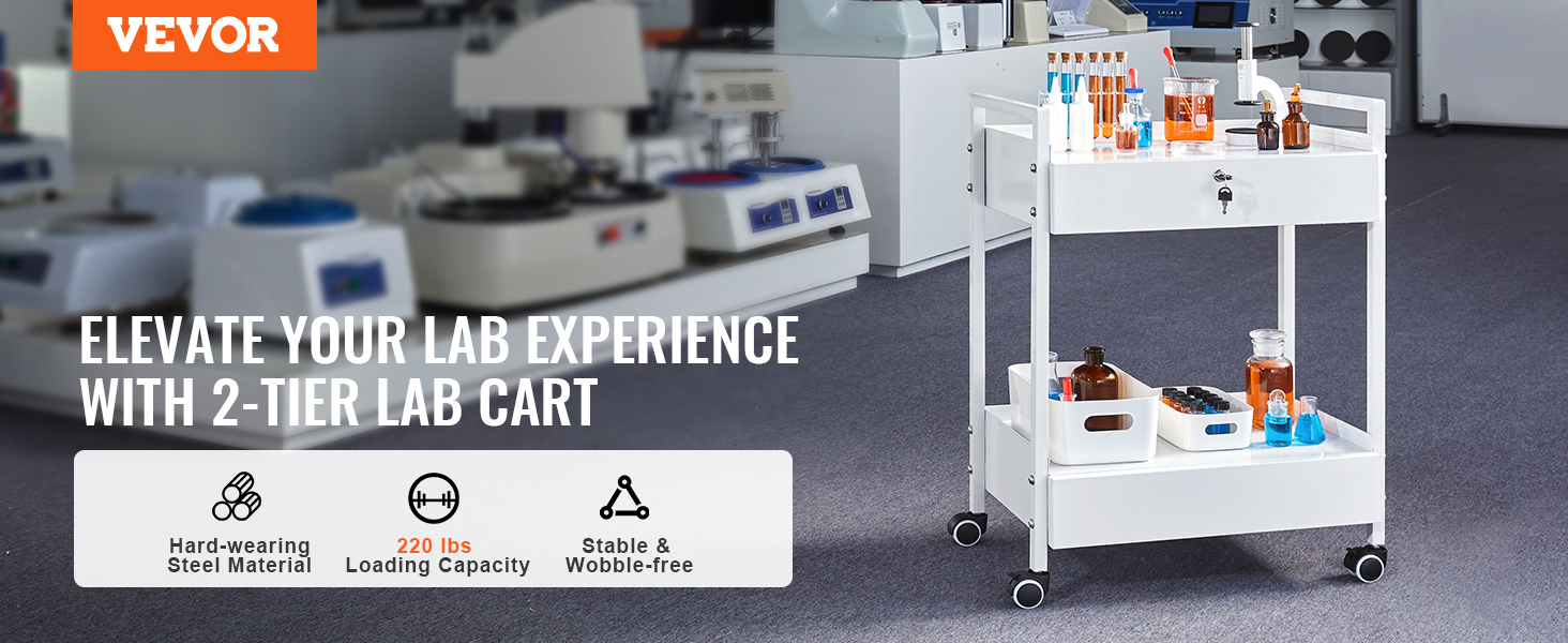 VEVOR lab cart in a laboratory setting with equipment and chemicals, highlighting its 2-tier design.