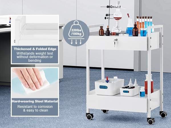 VEVOR lab cart in a modern lab, showcasing durable steel construction with shelves and storage bins.