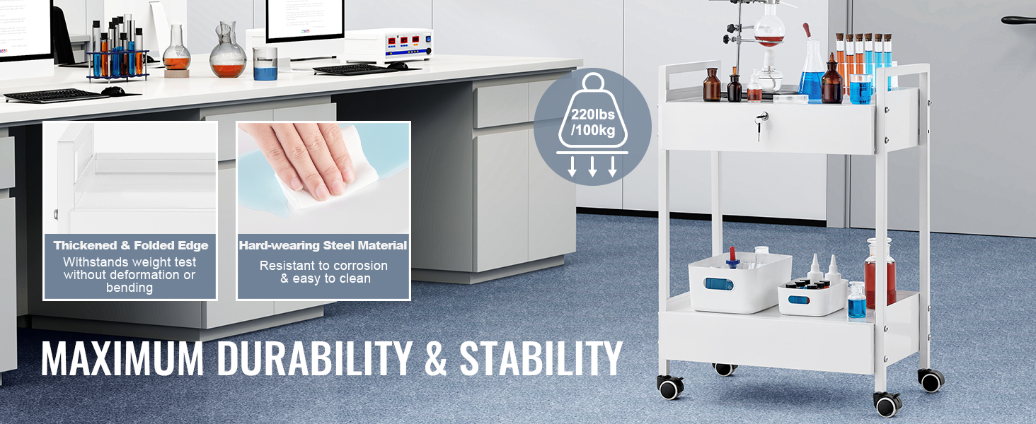 VEVOR lab cart in a modern lab, showcasing durable steel construction with shelves and storage bins.