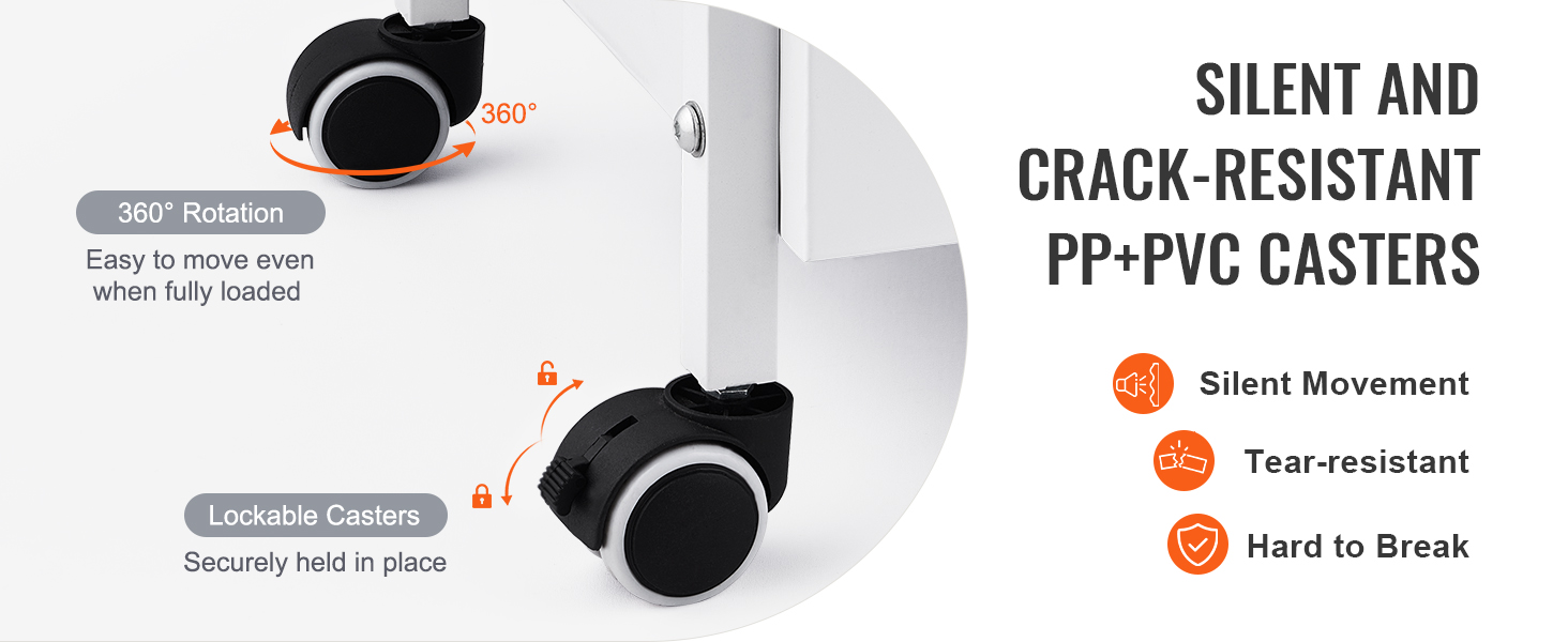 VEVOR lab cart with silent, crack-resistant pp+pvc casters for easy 360° rotation and secure locking.