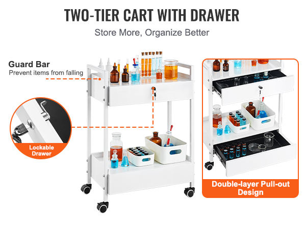VEVOR lab cart with lockable drawers and guard bar, holding lab equipment and containers on wheels.
