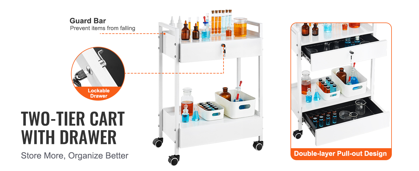 VEVOR lab cart with lockable drawers and guard bar, holding lab equipment and containers on wheels.