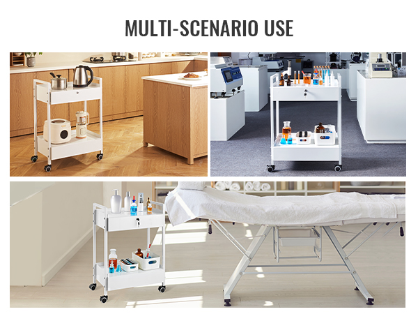 VEVOR lab cart showcasing versatility in a laboratory, kitchen, and medical setting. multi-scenario use.