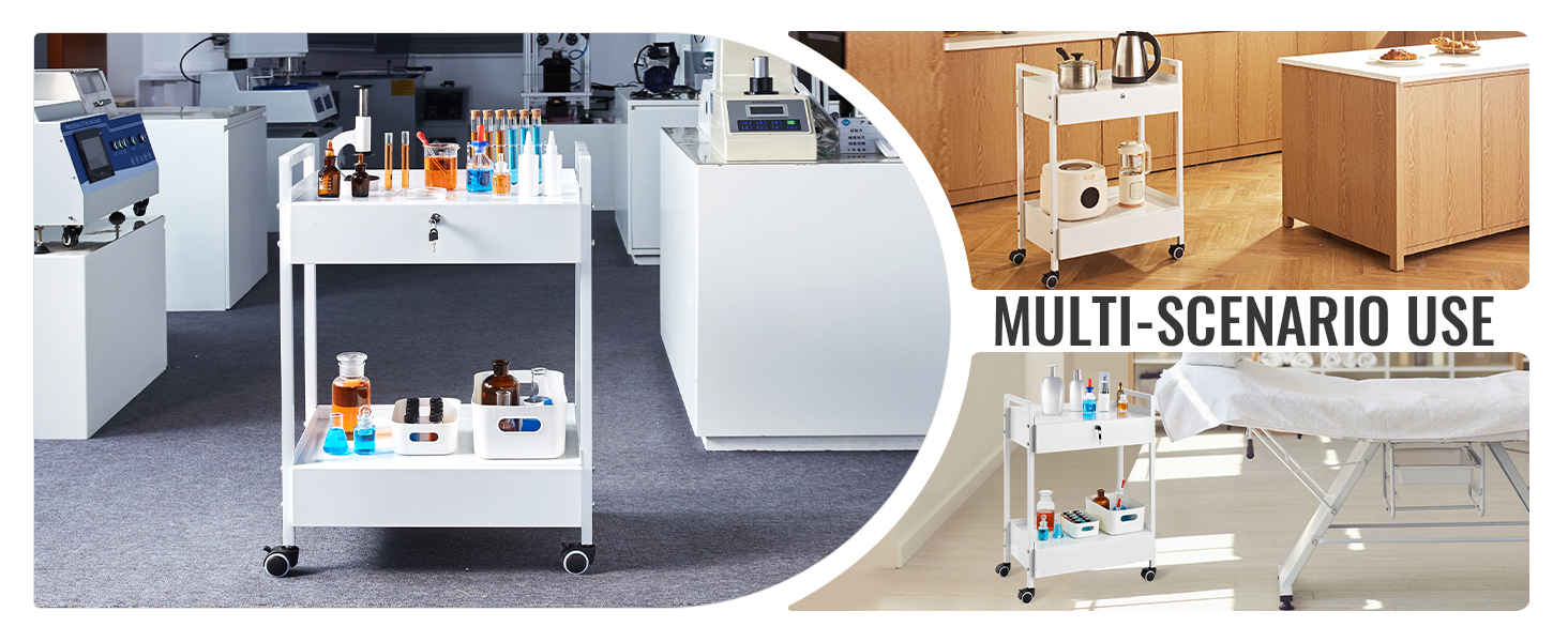 VEVOR lab cart showcasing versatility in a laboratory, kitchen, and medical setting. multi-scenario use.