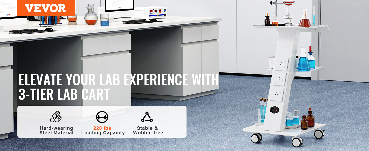 VEVOR lab trolley in a modern lab with glass beakers, stable design, hard-wearing steel material.