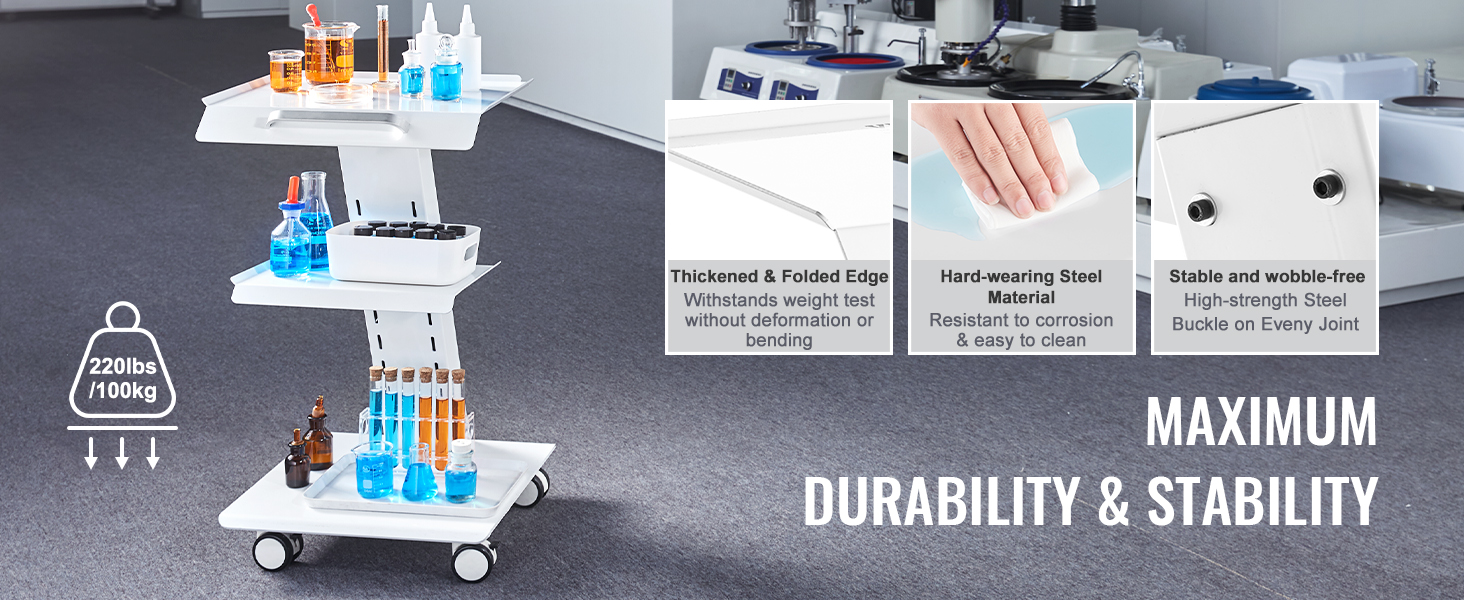 VEVOR lab trolley showcasing high-strength steel shelves, thickened edges, and a 220 lbs weight capacity.