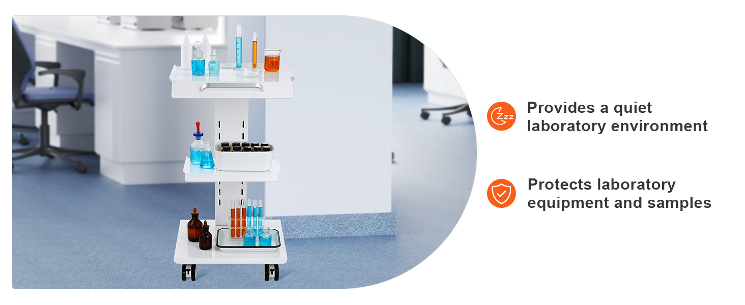 VEVOR lab trolley in a modern lab with various lab equipment, test tubes, and bottles on shelves.