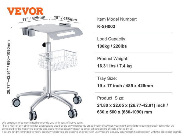 VEVOR salon cart specifications: 100kg load, 7.4kg weight, 19x17 inch tray, adjustable height 68-109cm.