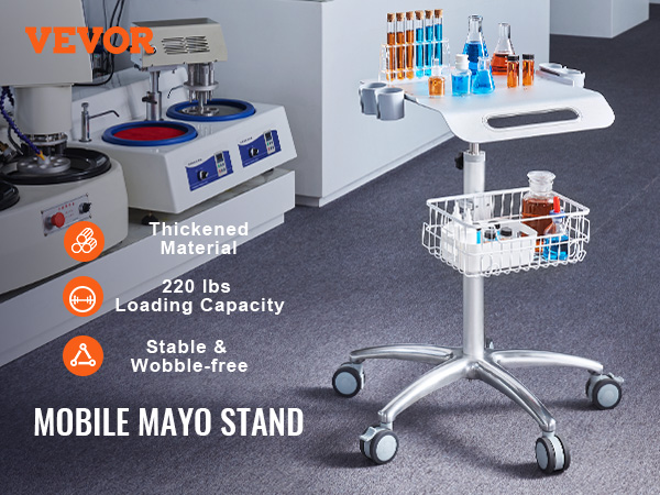 VEVOR salon cart in a laboratory setup with glassware, offering stability, thickened material, 220 lbs capacity.