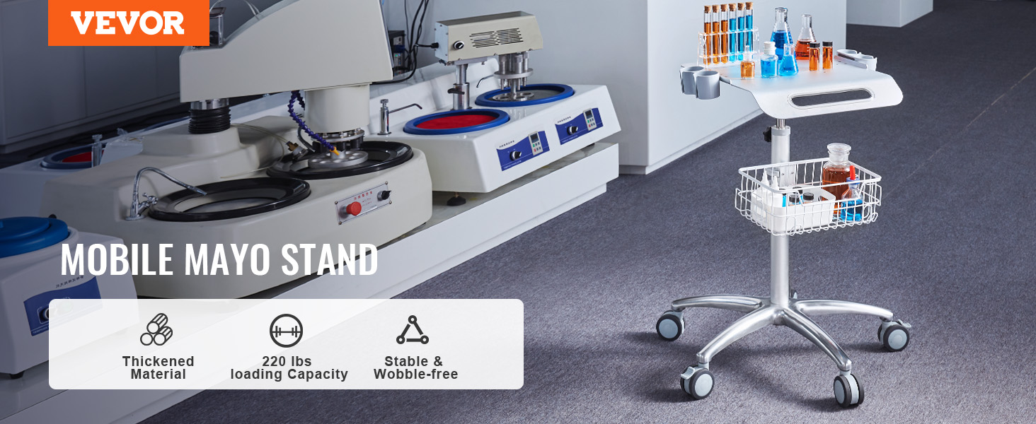 VEVOR salon cart in a laboratory setup with glassware, offering stability, thickened material, 220 lbs capacity.