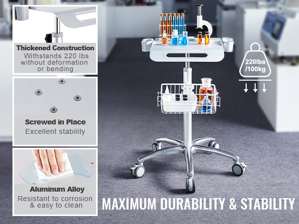VEVOR salon cart with thickened construction and aluminum alloy, supporting up to 220lbs for stability.