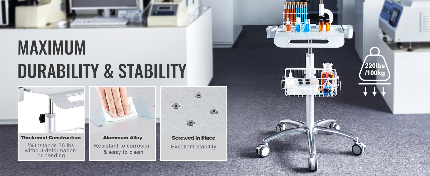VEVOR salon cart with thickened construction and aluminum alloy, supporting up to 220lbs for stability.