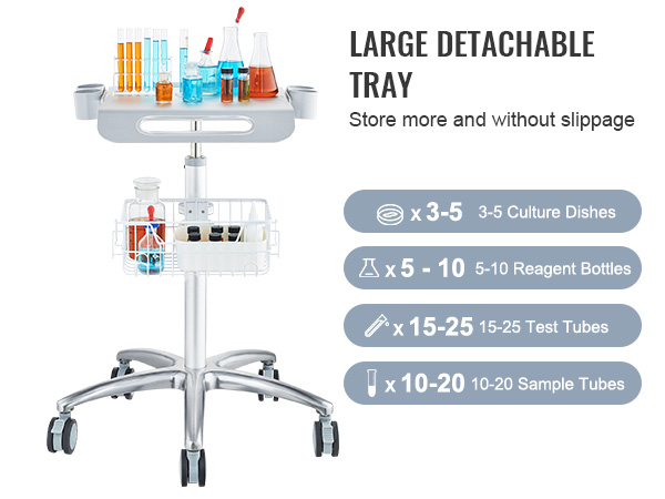 VEVOR salon cart with large detachable tray, holding reagent bottles, culture dishes, test tubes, and sample tubes.
