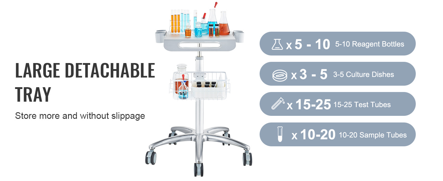 VEVOR salon cart with large detachable tray, holding reagent bottles, culture dishes, test tubes, and sample tubes.