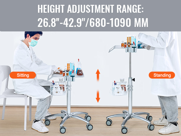 VEVOR salon cart with adjustable height range 26.8"-42.9" for sitting and standing use.