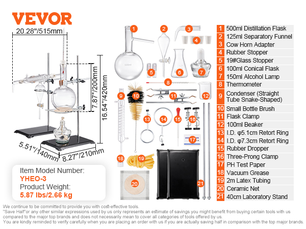 VEVOR essential oil distillation kit including glassware, stoppers, condenser, beaker, and alcohol lamp.