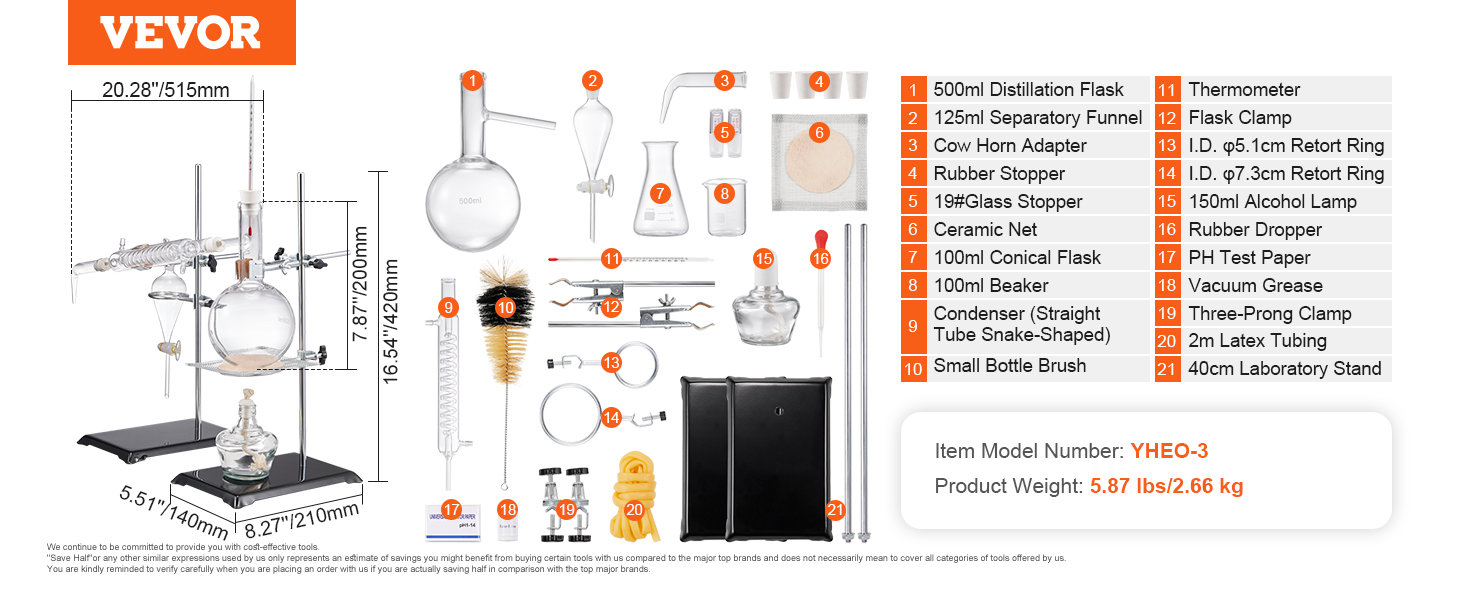 VEVOR essential oil distillation kit including glassware, stoppers, condenser, beaker, and alcohol lamp.