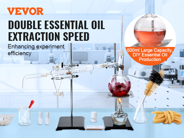 VEVOR essential oil distillation kit setup in lab with glassware, heating element, and extraction tools.