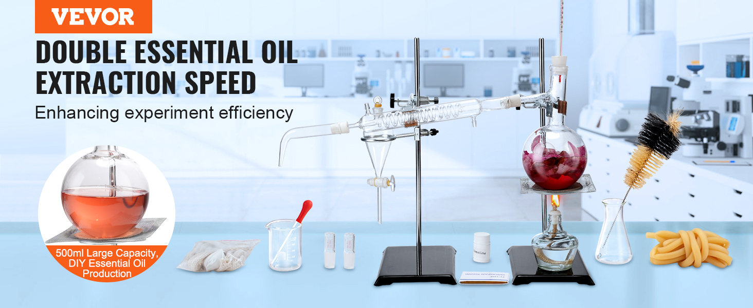 VEVOR essential oil distillation kit setup in lab with glassware, heating element, and extraction tools.