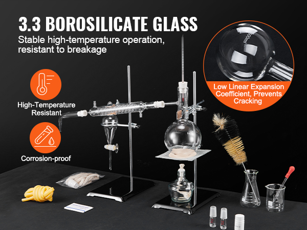 VEVOR essential oil distillation kit with high-temp resistant borosilicate glass and corrosion-proof design.