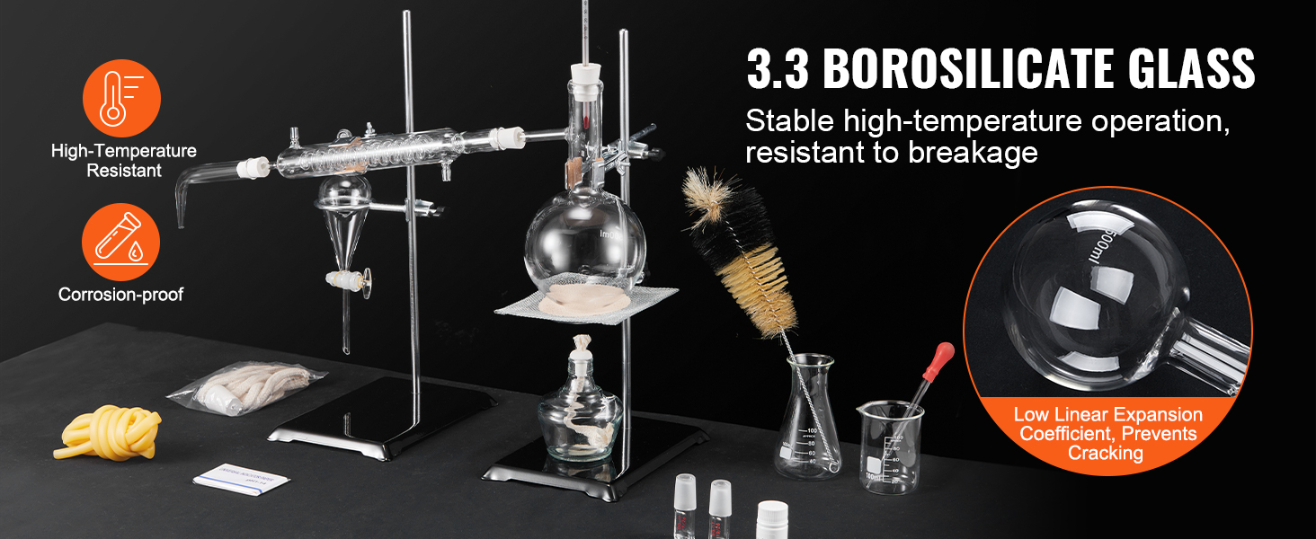 VEVOR essential oil distillation kit with high-temp resistant borosilicate glass and corrosion-proof design.