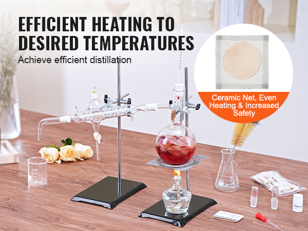 VEVOR essential oil distillation kit with glassware, beakers, ceramic net, and efficient heating setup.