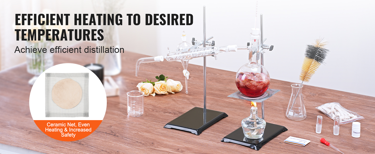 VEVOR essential oil distillation kit with glassware, beakers, ceramic net, and efficient heating setup.