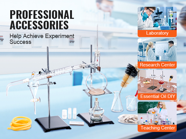 VEVOR essential oil distillation kit displayed in a laboratory setting with various glassware and accessories.